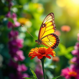 A stunningly realistic butterfly perched delicately on a vibrant flower in a lush natural setting, showcasing the intricate details of its wings with vivid colors