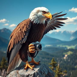 A majestic eagle with intricate feather details, perched on a rocky outcrop, holding a vintage camera in its talons, as if ready to take a picture
