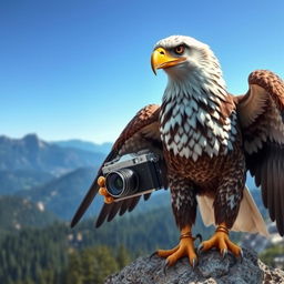 A majestic eagle with intricate feather details, perched on a rocky outcrop, holding a vintage camera in its talons, as if ready to take a picture