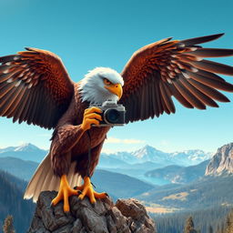 A majestic eagle with intricate feather details, perched on a rocky outcrop, holding a vintage camera in its talons, as if ready to take a picture