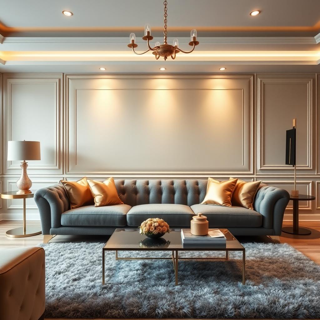 A luxurious living room featuring a stylish gray sofa adorned with golden cushions, elegant decor, soft ambient lighting, and a modern coffee table