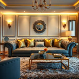 A luxurious living room featuring a stylish gray sofa adorned with golden cushions, elegant decor, soft ambient lighting, and a modern coffee table