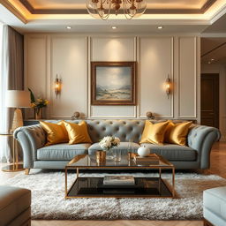 A luxurious living room featuring a stylish gray sofa adorned with golden cushions, elegant decor, soft ambient lighting, and a modern coffee table
