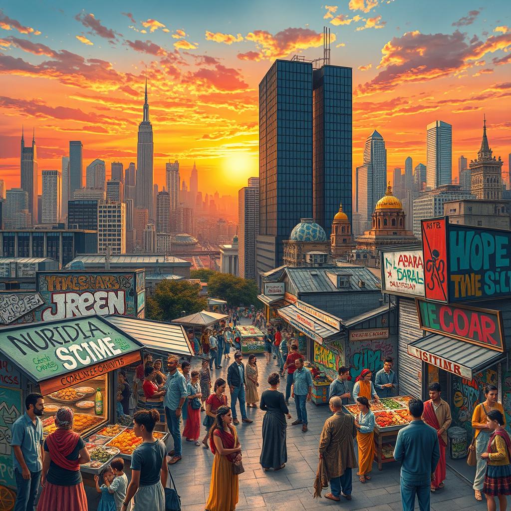A contemporary scene representing the concept of modern colonization, illustrated through urban landscapes and cultural interactions