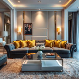 A luxurious living room featuring a stylish gray sofa adorned with golden cushions, elegant decor, soft ambient lighting, and a modern coffee table