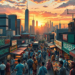A contemporary scene representing the concept of modern colonization, illustrated through urban landscapes and cultural interactions