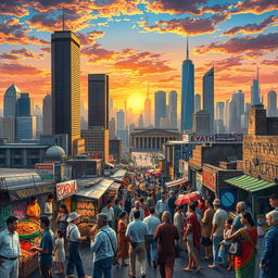 A contemporary scene representing the concept of modern colonization, illustrated through urban landscapes and cultural interactions