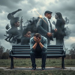 An artistic representation symbolizing PTSD, showcasing a person sitting on a bench in a park, head resting on their hands, with a reflective and somber expression