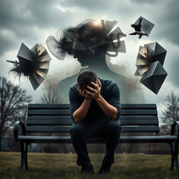 An artistic representation symbolizing PTSD, showcasing a person sitting on a bench in a park, head resting on their hands, with a reflective and somber expression