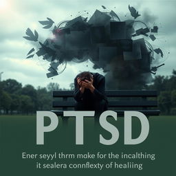 An artistic representation symbolizing PTSD, showcasing a person sitting on a bench in a park, head resting on their hands, with a reflective and somber expression