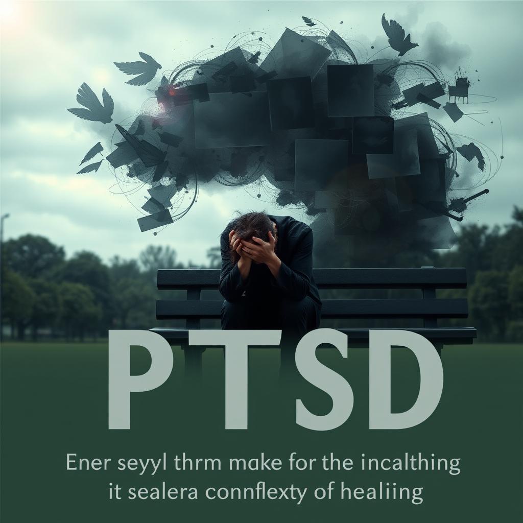 An artistic representation symbolizing PTSD, showcasing a person sitting on a bench in a park, head resting on their hands, with a reflective and somber expression