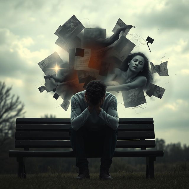 An artistic representation symbolizing PTSD, showcasing a person sitting on a bench in a park, head resting on their hands, with a reflective and somber expression