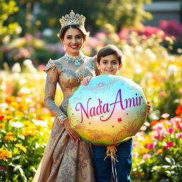 A regal queen standing gracefully beside her 7-year-old son, who is filled with joy