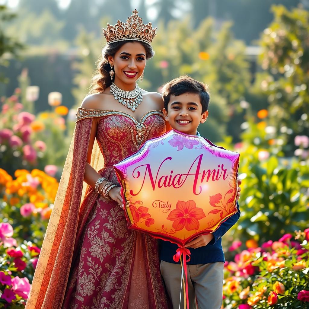 A regal queen standing gracefully beside her 7-year-old son, who is filled with joy