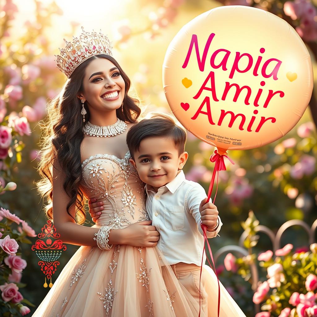 A radiant queen standing joyfully with her 4-year-old son, who is filled with delight