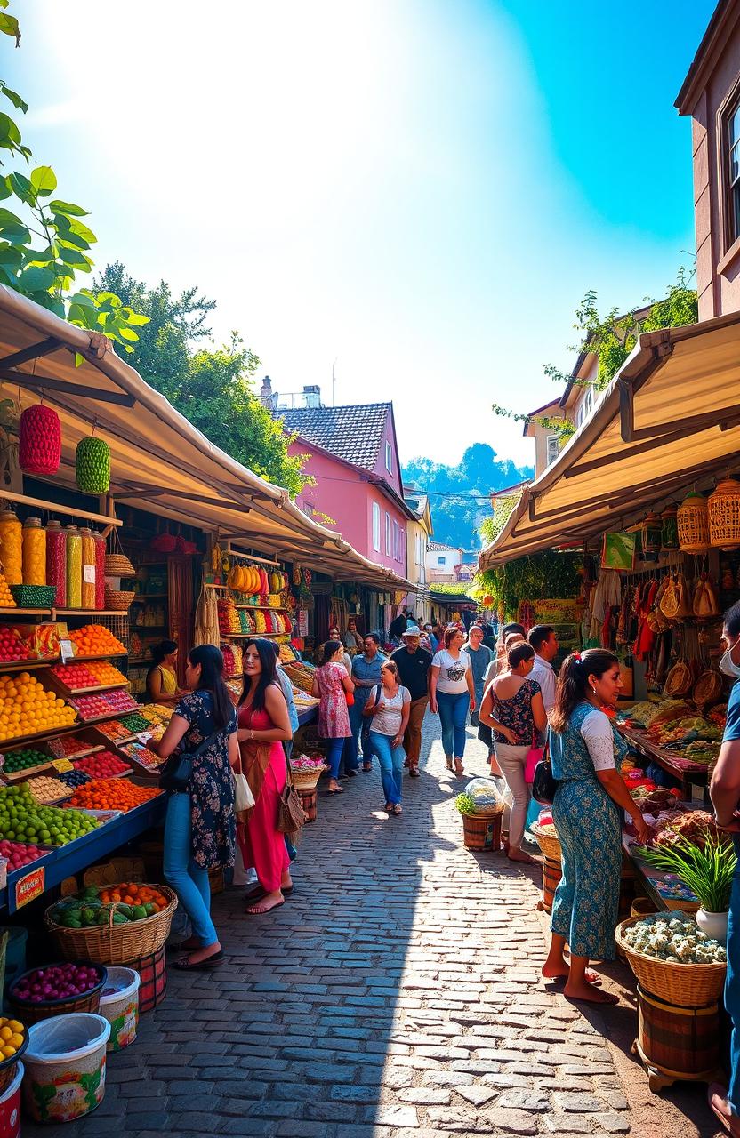 A visually stunning and vibrant scene depicting a bustling marketplace filled with a variety of colorful products for sale