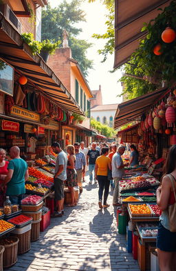 A visually stunning and vibrant scene depicting a bustling marketplace filled with a variety of colorful products for sale