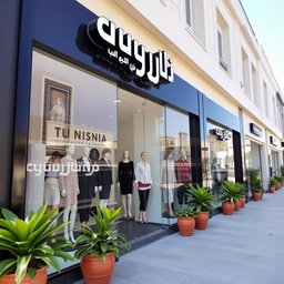 A stylish and inviting storefront for a clothing retail business named 'الوتين لتجارة الألبسة الجاهزة'