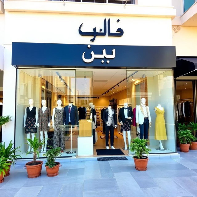 A stylish and inviting storefront for a clothing retail business named 'الوتين لتجارة الألبسة الجاهزة'