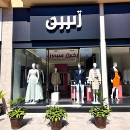 A stylish and inviting storefront for a clothing retail business named 'الوتين لتجارة الألبسة الجاهزة'