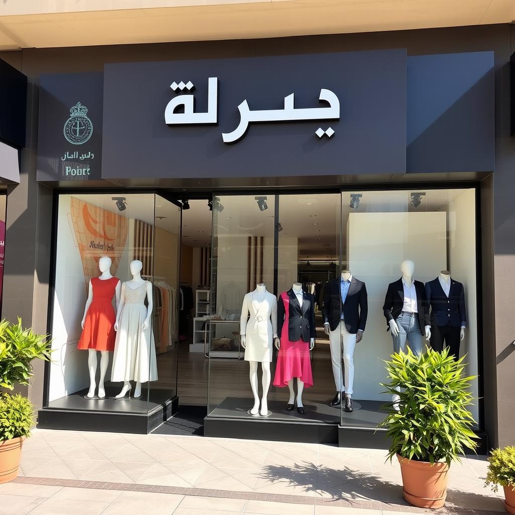 A stylish and inviting storefront for a clothing retail business named 'الوتين لتجارة الألبسة الجاهزة'