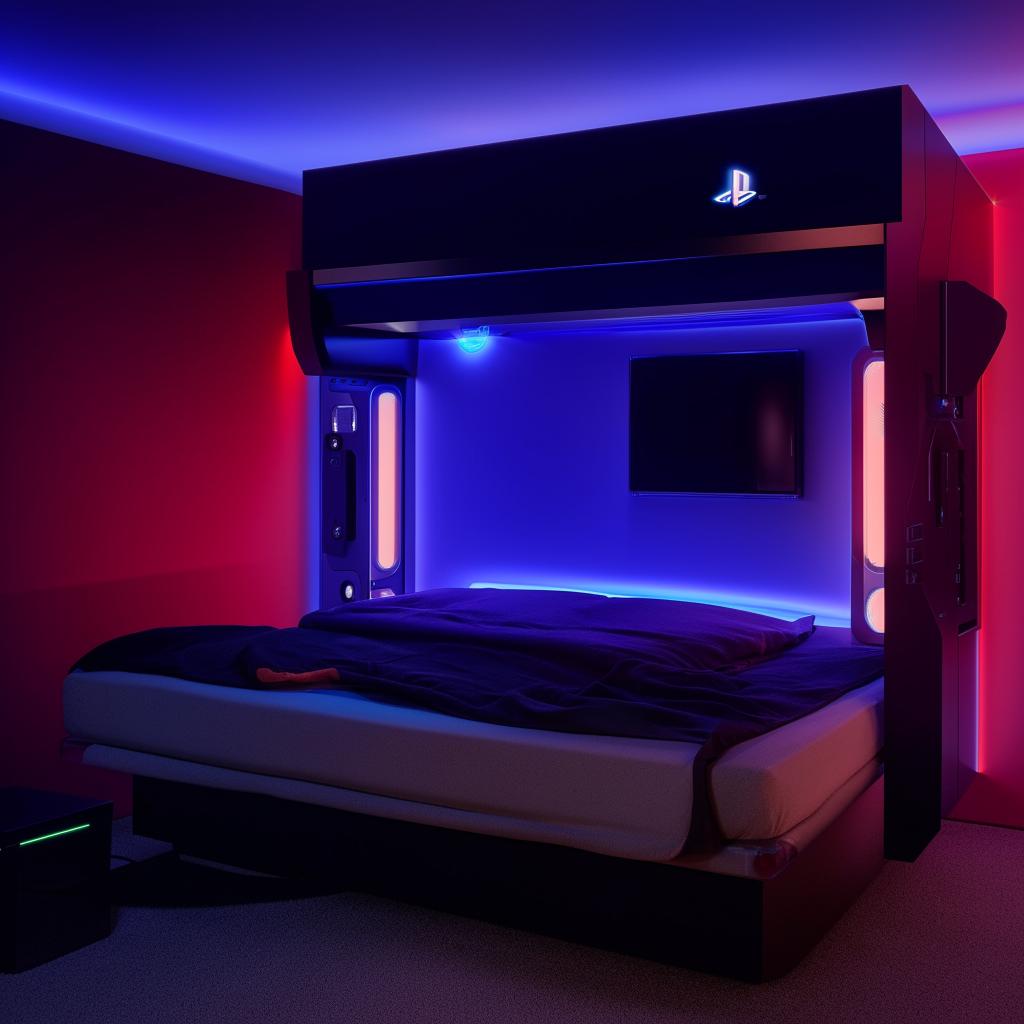 A futuristic gaming room with a full wall bed and a dedicated PlayStation 5 panel