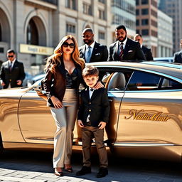 A wealthy and sophisticated woman, elegantly dressed in designer attire, proudly standing next to her 4-year-old son who looks delighted and playful