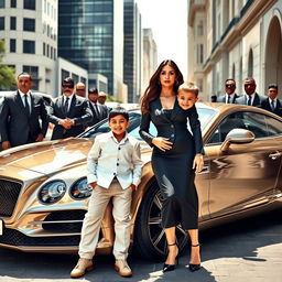 A wealthy and sophisticated woman, elegantly dressed in designer attire, proudly standing next to her 4-year-old son who looks delighted and playful