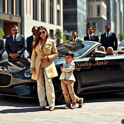 A wealthy and sophisticated woman, elegantly dressed in designer attire, proudly standing next to her 4-year-old son who looks delighted and playful