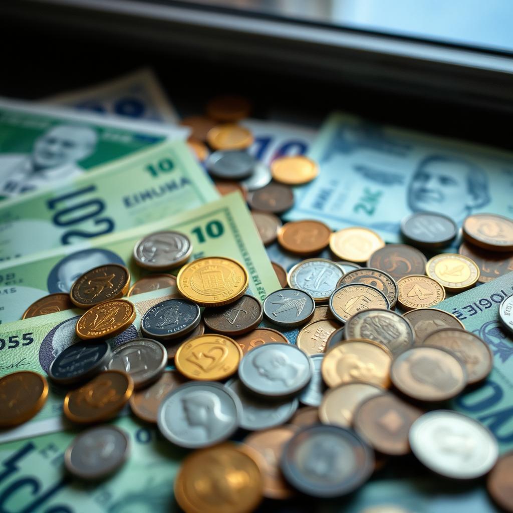 A high-quality, artistic representation of money, including various denominations of banknotes and coins from around the world