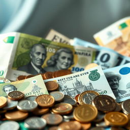 A high-quality, artistic representation of money, including various denominations of banknotes and coins from around the world