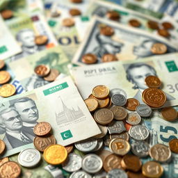 A high-quality, artistic representation of money, including various denominations of banknotes and coins from around the world