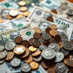 A high-quality, artistic representation of money, including various denominations of banknotes and coins from around the world