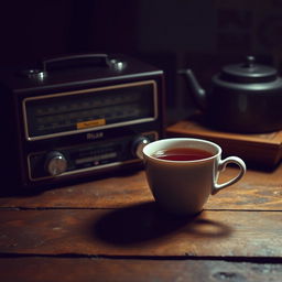 A cozy, dark mode setting featuring a cup of tea placed on a rustic wooden table