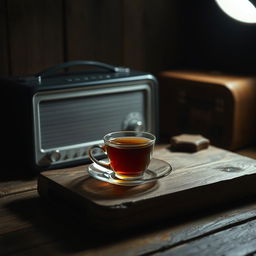 A cozy, dark mode setting featuring a cup of tea placed on a rustic wooden table