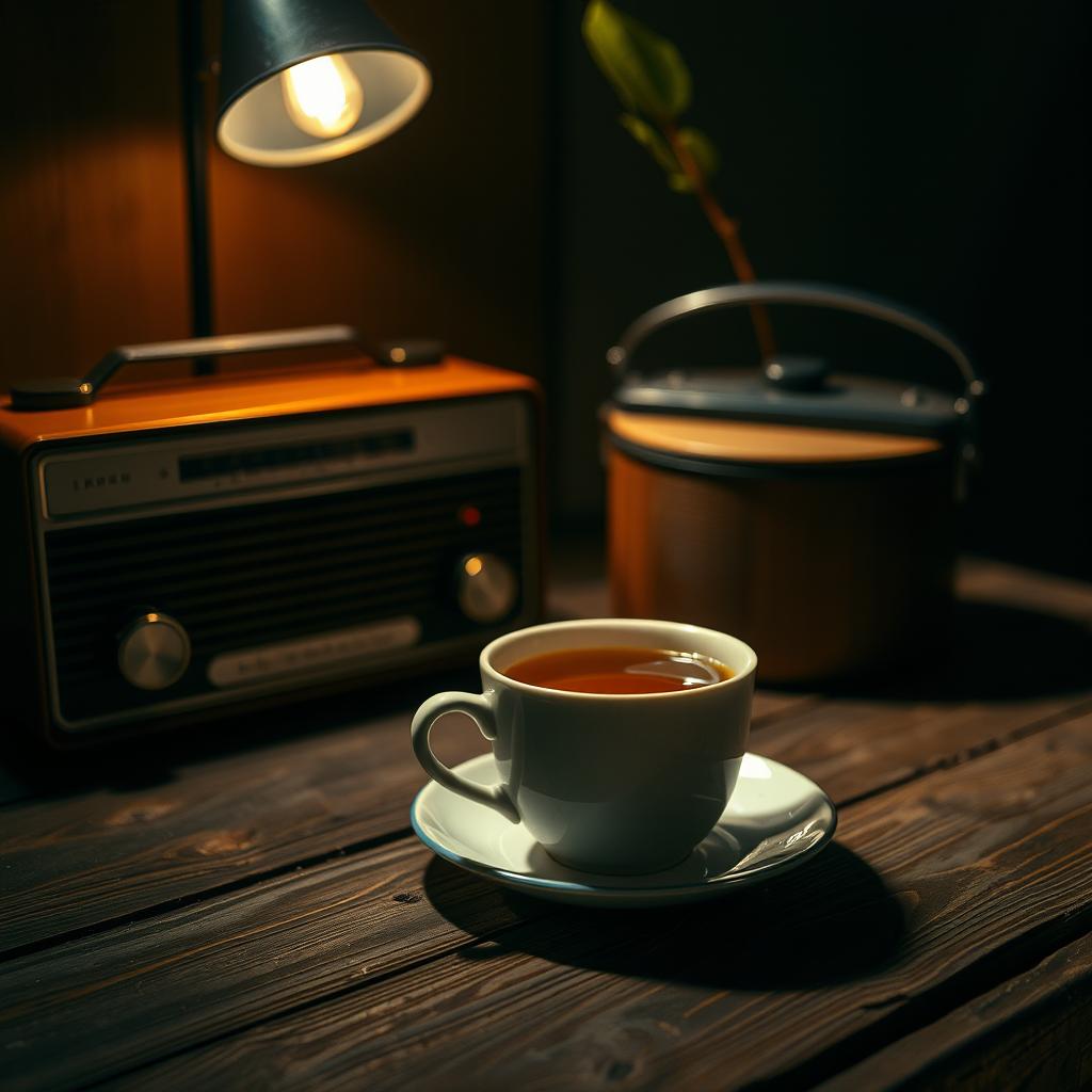 A cozy, dark mode setting featuring a cup of tea placed on a rustic wooden table
