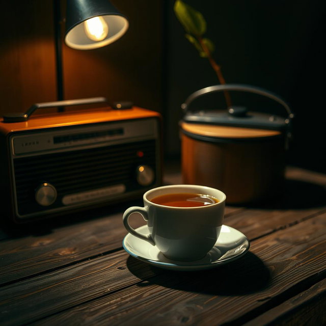 A cozy, dark mode setting featuring a cup of tea placed on a rustic wooden table
