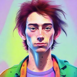 This is a realistic, high-quality digital art portrait of a lanky, dorky individual with acne scars