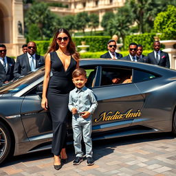 A luxurious and affluent woman exuding elegance, standing proudly next to her 4-year-old son who beams with joy