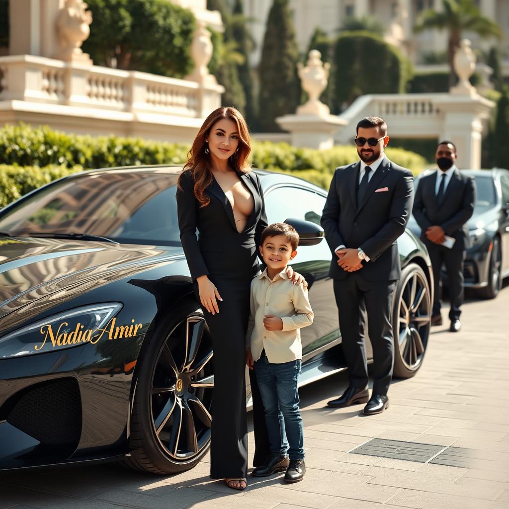 A luxurious and affluent woman exuding elegance, standing proudly next to her 4-year-old son who beams with joy