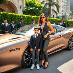 A luxurious and affluent woman exuding elegance, standing proudly next to her 4-year-old son who beams with joy