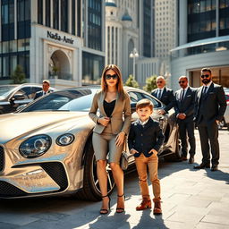A wealthy and stylish woman, exuding confidence and elegance, stands next to her cheerful 4-year-old son