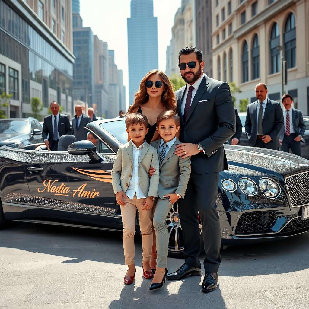 A wealthy and stylish woman, exuding confidence and elegance, stands next to her cheerful 4-year-old son
