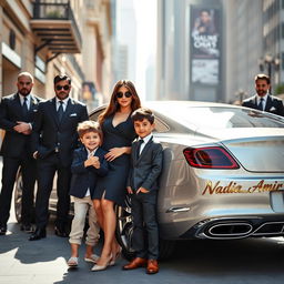A wealthy and stylish woman, exuding confidence and elegance, stands next to her cheerful 4-year-old son