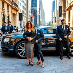 A wealthy and stylish woman, exuding confidence and elegance, stands next to her cheerful 4-year-old son