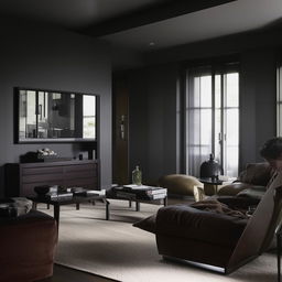 A modern, masculine styled room with contemporary furniture, dark tones, and sleek finishes.