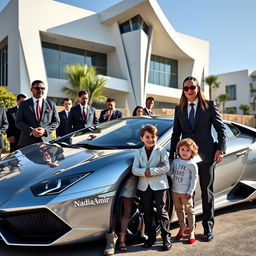 A wealthy and sophisticated woman, elegantly dressed, stands next to her cheerful 4-year-old son