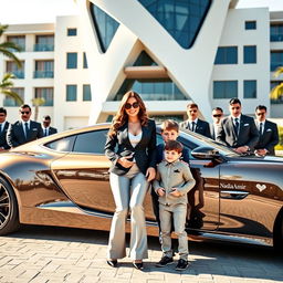 A wealthy and sophisticated woman, elegantly dressed, stands next to her cheerful 4-year-old son