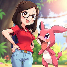 A vibrant Pokemon style animation featuring a 28 year old Asian girl with shoulder length dark brown hair, parted slightly off center, and dark brown eyes