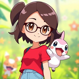 A vibrant Pokemon style animation featuring a 28 year old Asian girl with shoulder length dark brown hair, parted slightly off center, and dark brown eyes